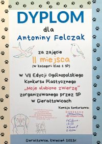 Dyplom za zajęcie II miejsca w konkursie