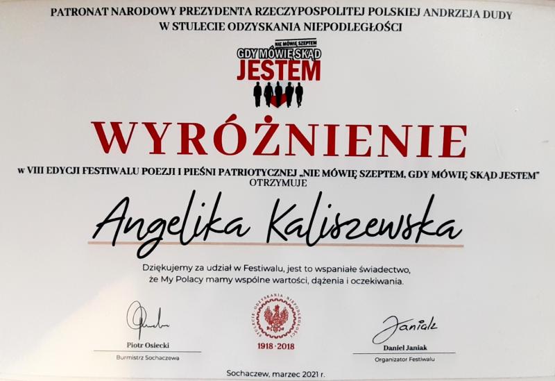 Wyróżnienie dla Angeliki Kaliszewskiej